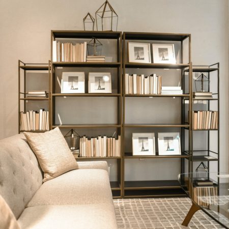 Brown Wooden Shelf and Beige Fabric Sofa